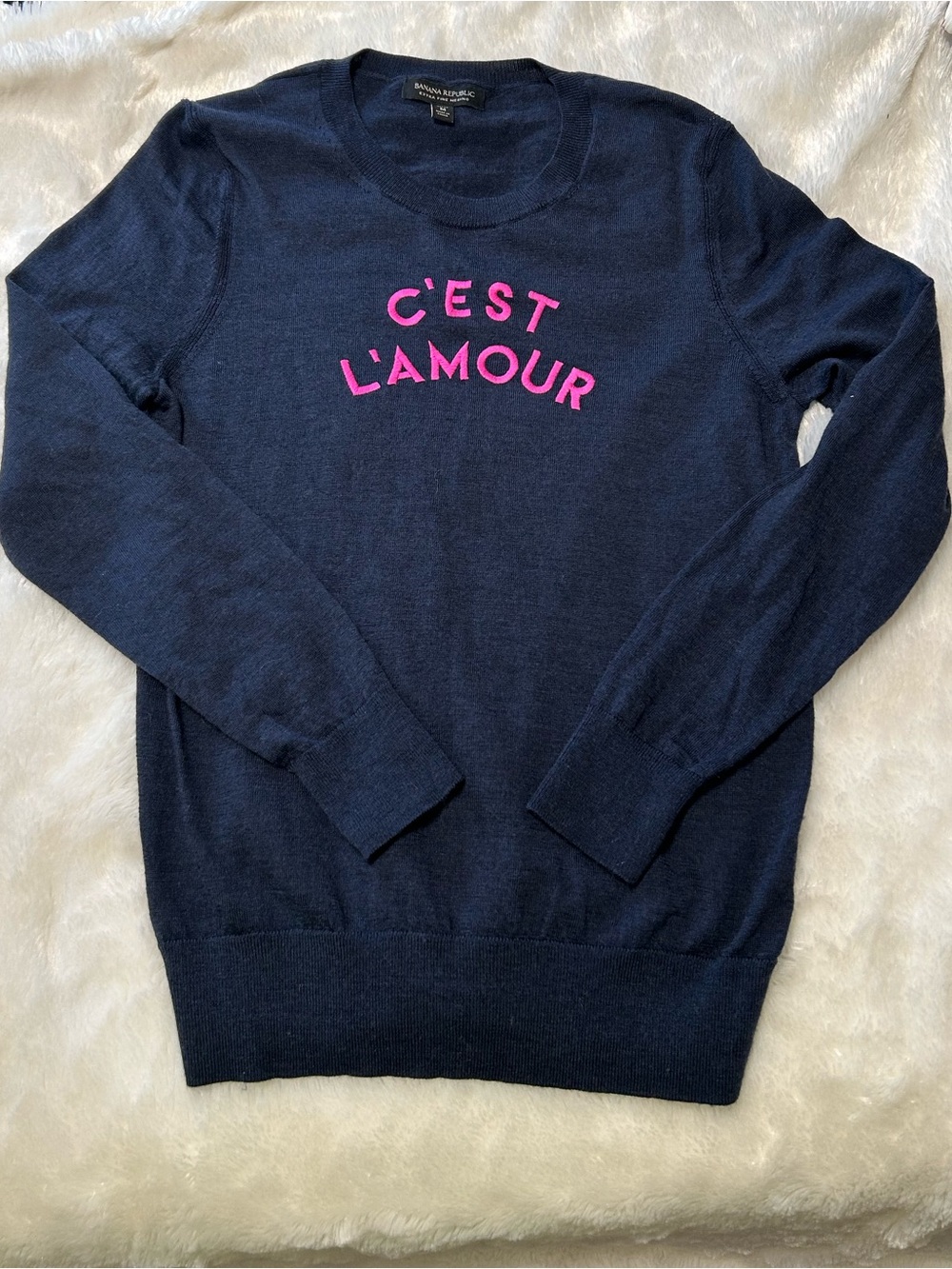 Banana Republic Navy Crewneck Sweater with Pink 'C'est L'Amour' Text